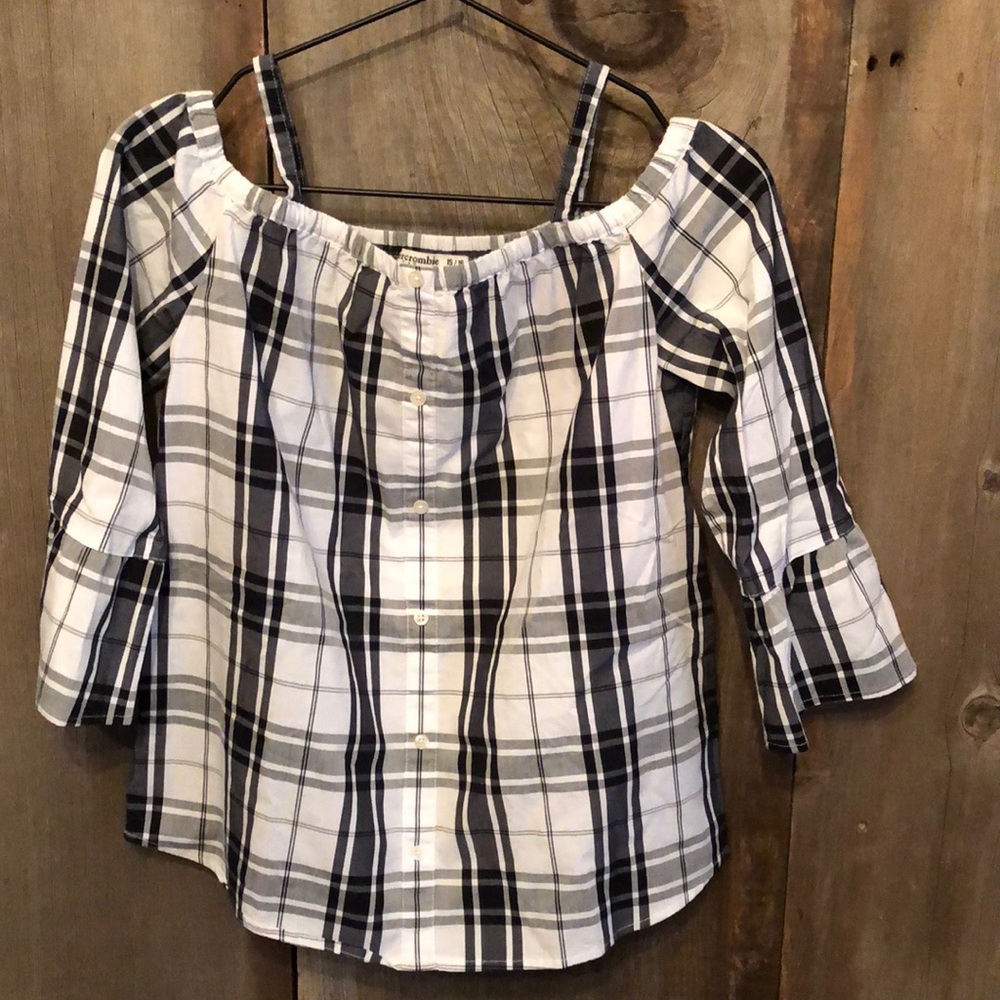 Abercrombie Kids Black & White Plaid Cold Shoulder Blouse 15/16 Girls